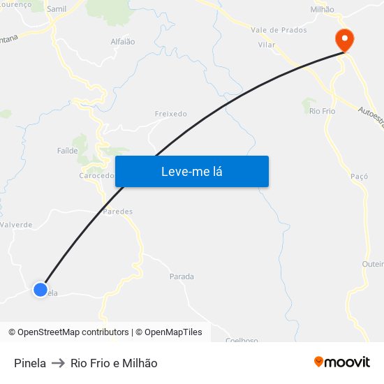 Pinela to Rio Frio e Milhão map
