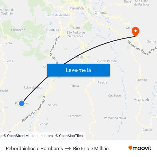 Rebordainhos e Pombares to Rio Frio e Milhão map