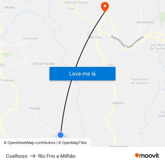 Coelhoso to Rio Frio e Milhão map