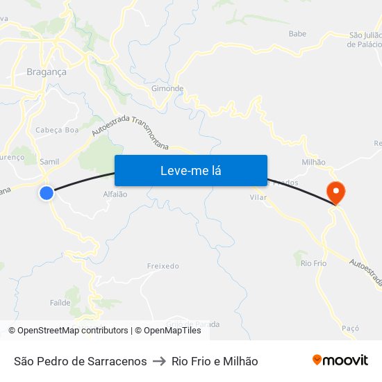 São Pedro de Sarracenos to Rio Frio e Milhão map