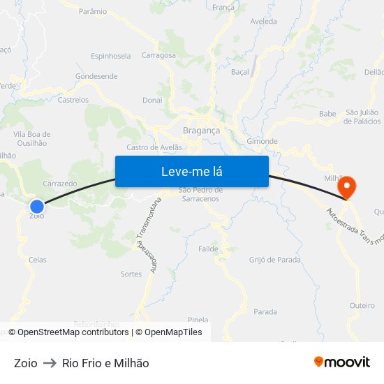Zoio to Rio Frio e Milhão map