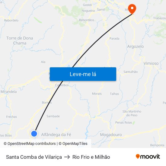 Santa Comba de Vilariça to Rio Frio e Milhão map