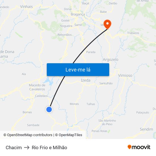 Chacim to Rio Frio e Milhão map
