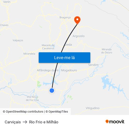 Carviçais to Rio Frio e Milhão map