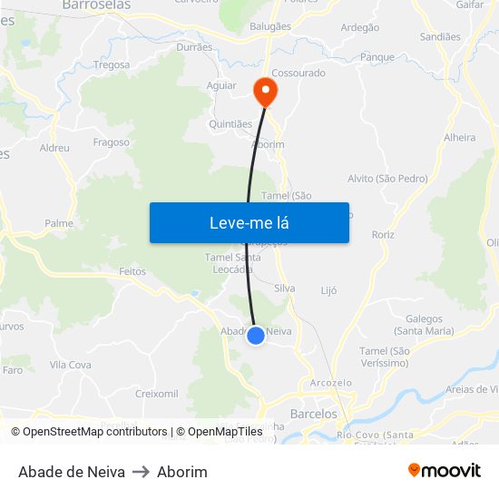 Abade de Neiva to Aborim map