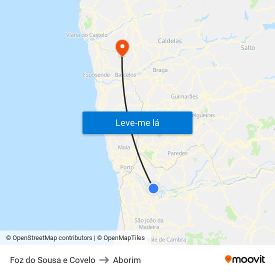 Foz do Sousa e Covelo to Aborim map