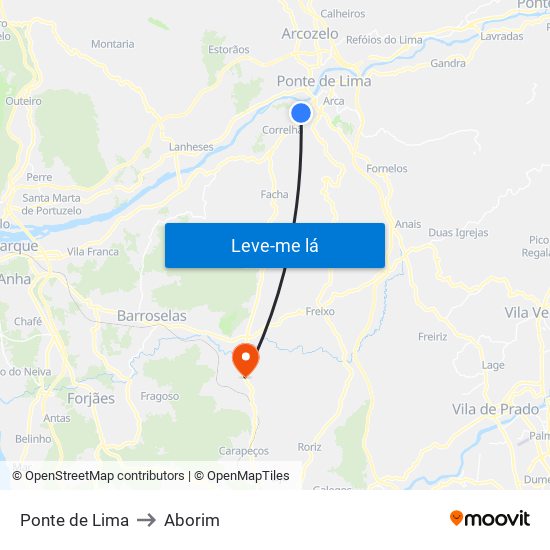 Ponte de Lima to Aborim map