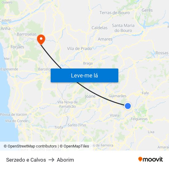 Serzedo e Calvos to Aborim map