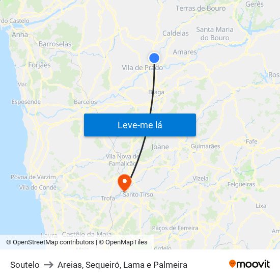 Soutelo to Areias, Sequeiró, Lama e Palmeira map