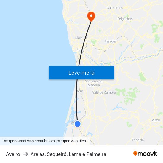 Aveiro to Areias, Sequeiró, Lama e Palmeira map