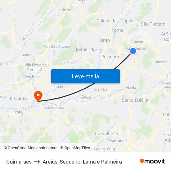 Guimarães to Areias, Sequeiró, Lama e Palmeira map