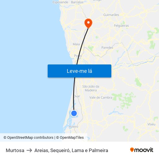 Murtosa to Areias, Sequeiró, Lama e Palmeira map