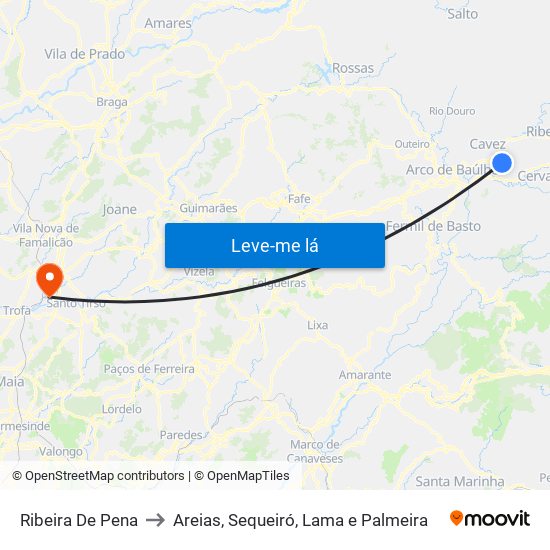 Ribeira De Pena to Areias, Sequeiró, Lama e Palmeira map