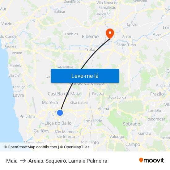 Maia to Areias, Sequeiró, Lama e Palmeira map