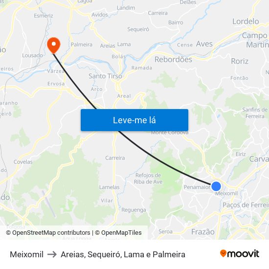 Meixomil to Areias, Sequeiró, Lama e Palmeira map