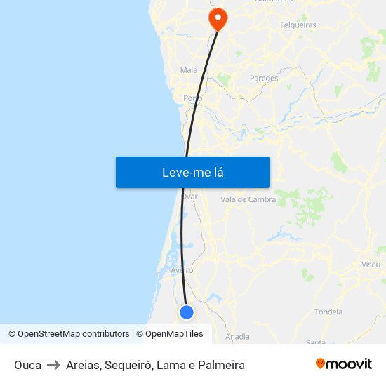 Ouca to Areias, Sequeiró, Lama e Palmeira map