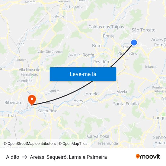 Aldão to Areias, Sequeiró, Lama e Palmeira map