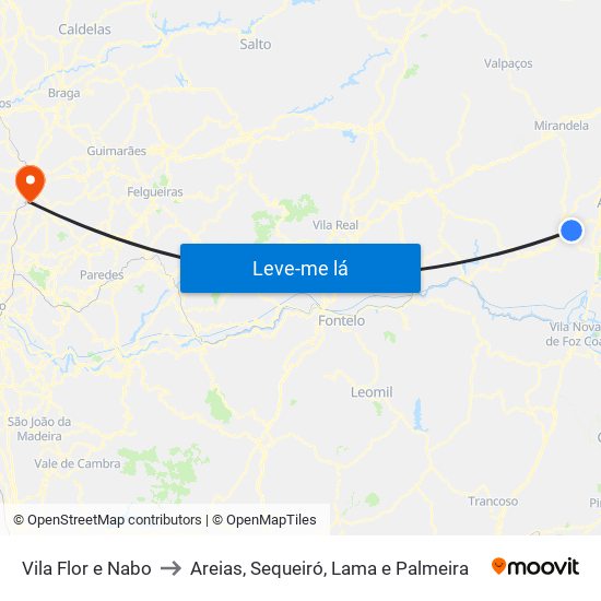 Vila Flor e Nabo to Areias, Sequeiró, Lama e Palmeira map