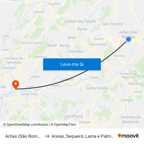 Arões (São Romão) to Areias, Sequeiró, Lama e Palmeira map