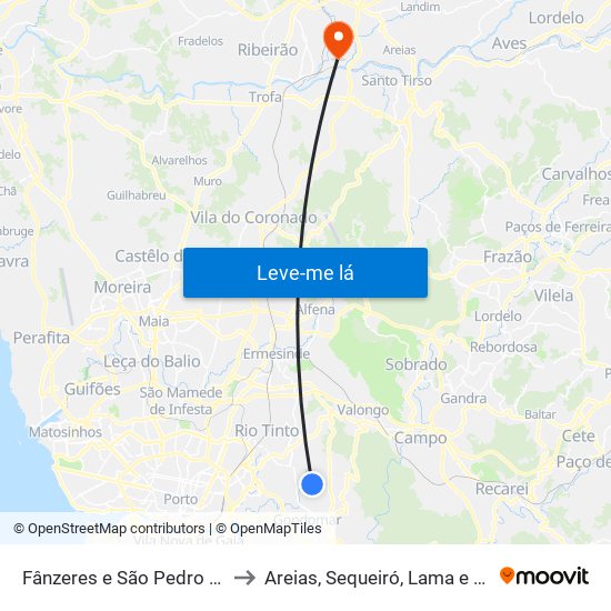 Fânzeres e São Pedro da Cova to Areias, Sequeiró, Lama e Palmeira map