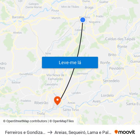 Ferreiros e Gondizalves to Areias, Sequeiró, Lama e Palmeira map