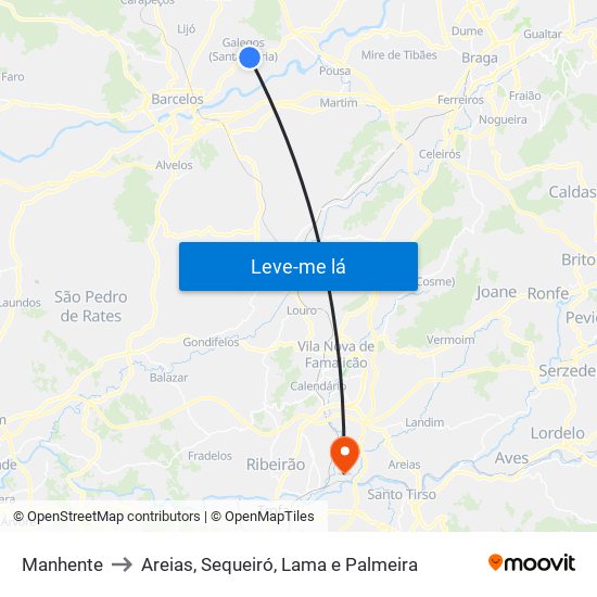 Manhente to Areias, Sequeiró, Lama e Palmeira map