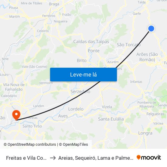 Freitas e Vila Cova to Areias, Sequeiró, Lama e Palmeira map