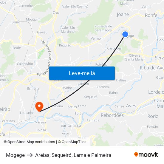 Mogege to Areias, Sequeiró, Lama e Palmeira map