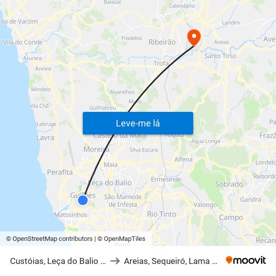 Custóias, Leça do Balio e Guifões to Areias, Sequeiró, Lama e Palmeira map