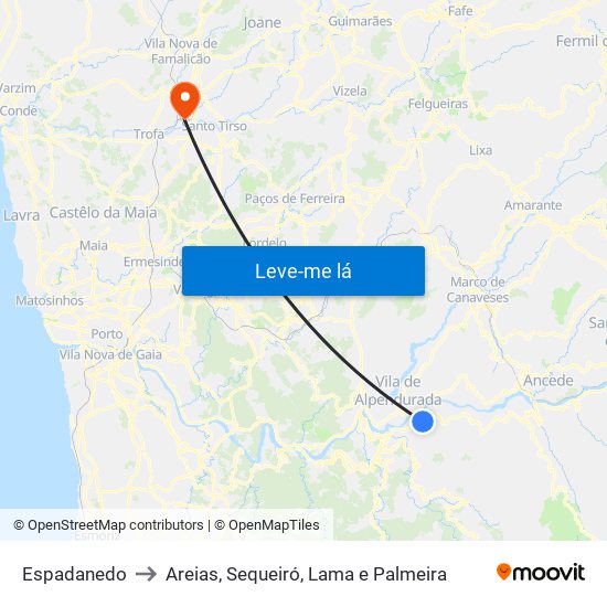Espadanedo to Areias, Sequeiró, Lama e Palmeira map