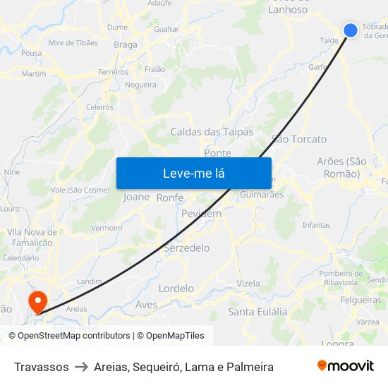 Travassos to Areias, Sequeiró, Lama e Palmeira map