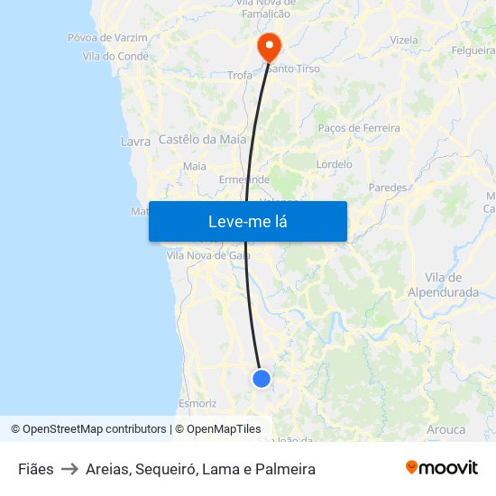 Fiães to Areias, Sequeiró, Lama e Palmeira map