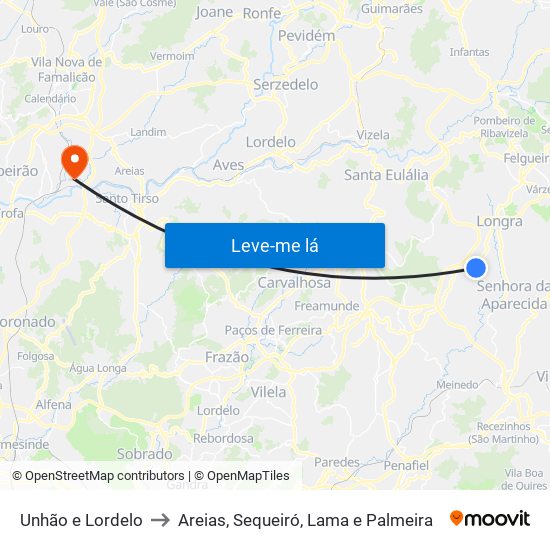 Unhão e Lordelo to Areias, Sequeiró, Lama e Palmeira map