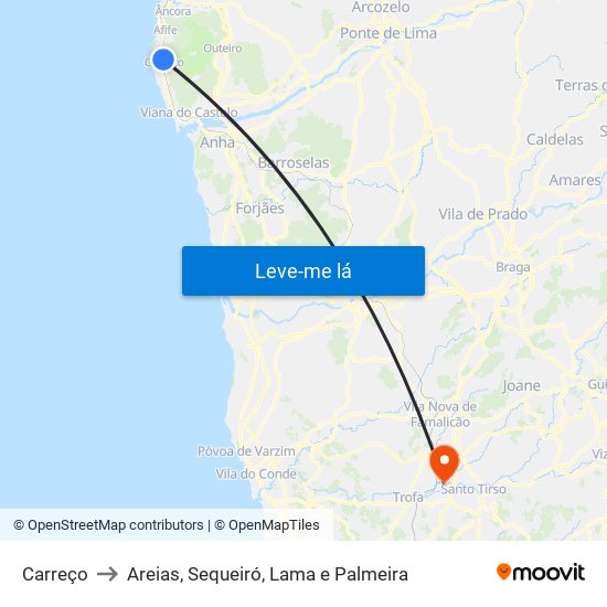 Carreço to Areias, Sequeiró, Lama e Palmeira map