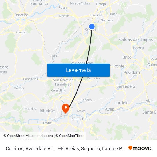 Celeirós, Aveleda e Vimieiro to Areias, Sequeiró, Lama e Palmeira map