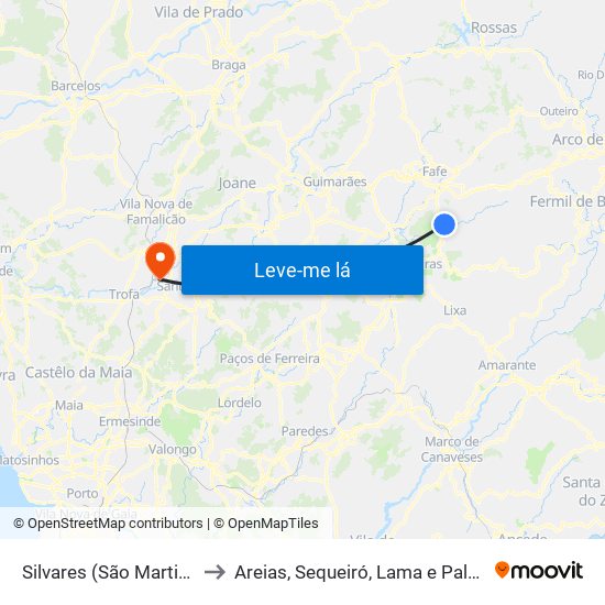 Silvares (São Martinho) to Areias, Sequeiró, Lama e Palmeira map
