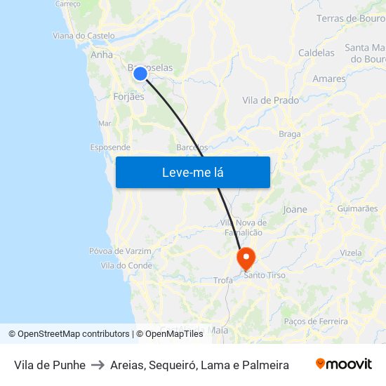 Vila de Punhe to Areias, Sequeiró, Lama e Palmeira map