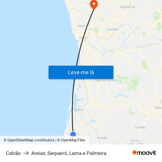 Calvão to Areias, Sequeiró, Lama e Palmeira map