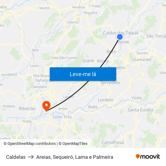 Caldelas to Areias, Sequeiró, Lama e Palmeira map