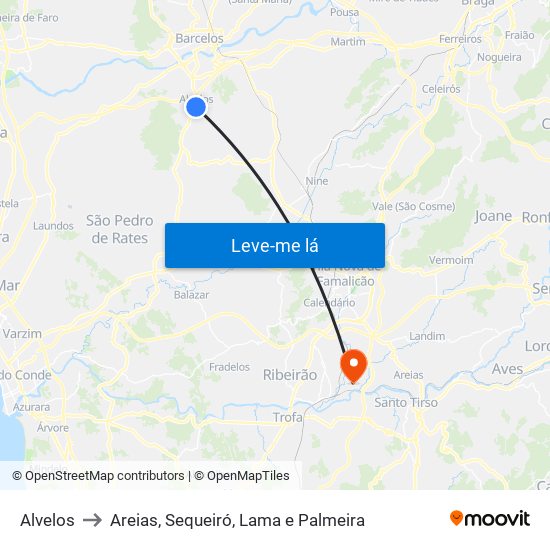 Alvelos to Areias, Sequeiró, Lama e Palmeira map