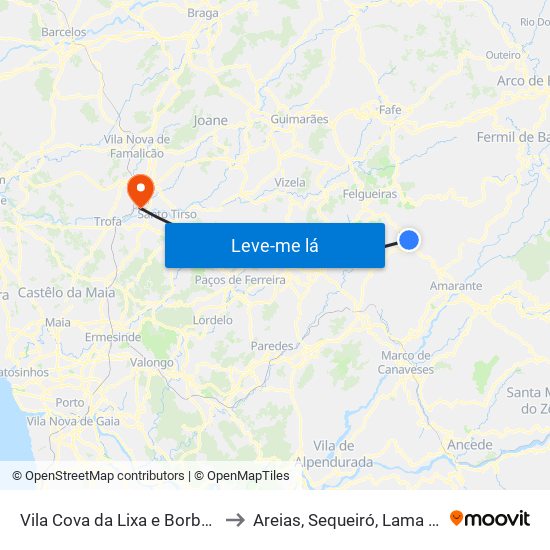 Vila Cova da Lixa e Borba de Godim to Areias, Sequeiró, Lama e Palmeira map