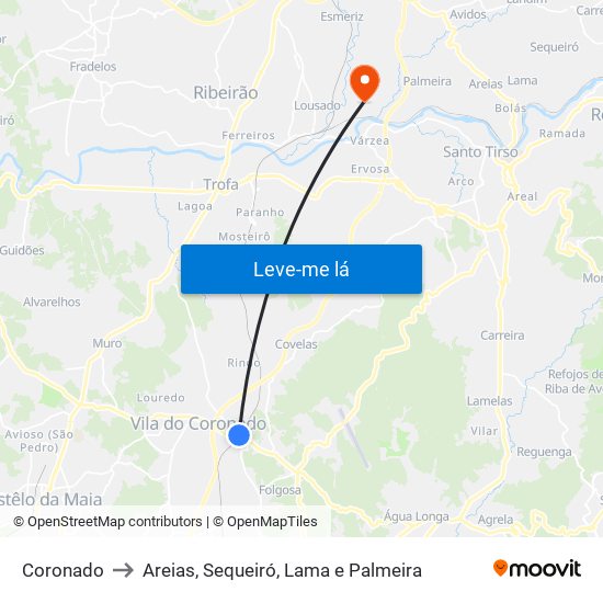 Coronado to Areias, Sequeiró, Lama e Palmeira map