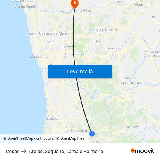 Cesar to Areias, Sequeiró, Lama e Palmeira map
