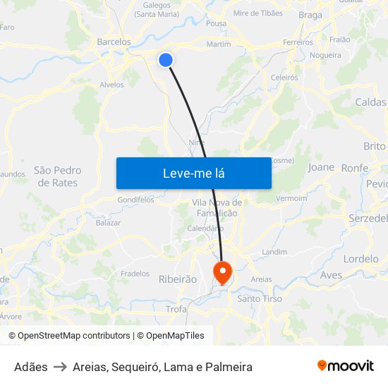 Adães to Areias, Sequeiró, Lama e Palmeira map