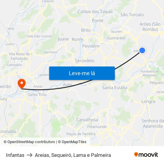 Infantas to Areias, Sequeiró, Lama e Palmeira map