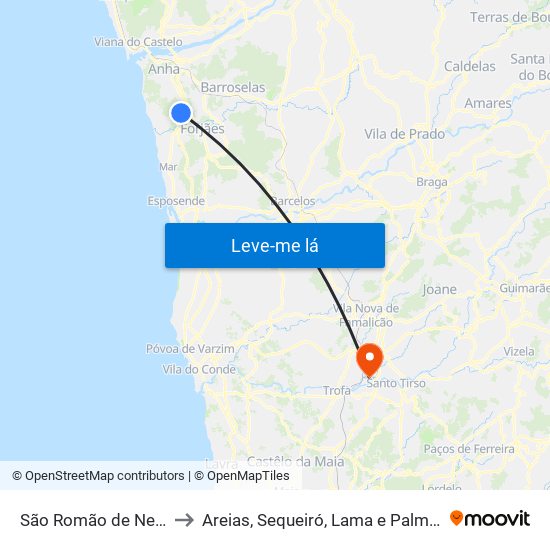 São Romão de Neiva to Areias, Sequeiró, Lama e Palmeira map