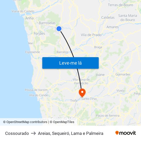 Cossourado to Areias, Sequeiró, Lama e Palmeira map