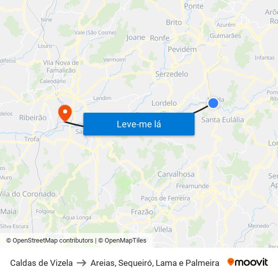 Caldas de Vizela to Areias, Sequeiró, Lama e Palmeira map