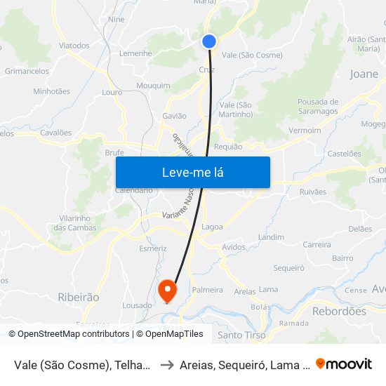 Vale (São Cosme), Telhado e Portela to Areias, Sequeiró, Lama e Palmeira map