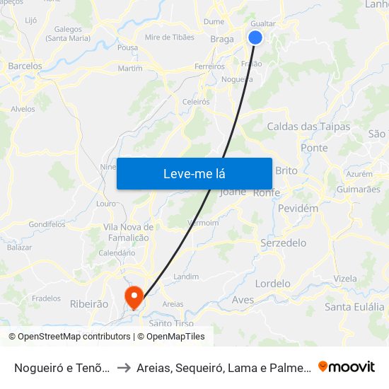 Nogueiró e Tenões to Areias, Sequeiró, Lama e Palmeira map